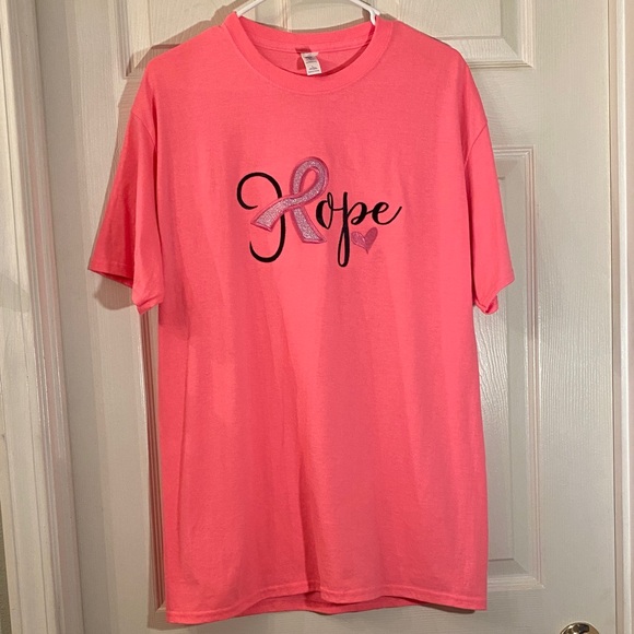 Jerzees Hand stitched HOPE Breast Cancer Awareness Ribbon Pink Crewneck Tee - Picture 4 of 10